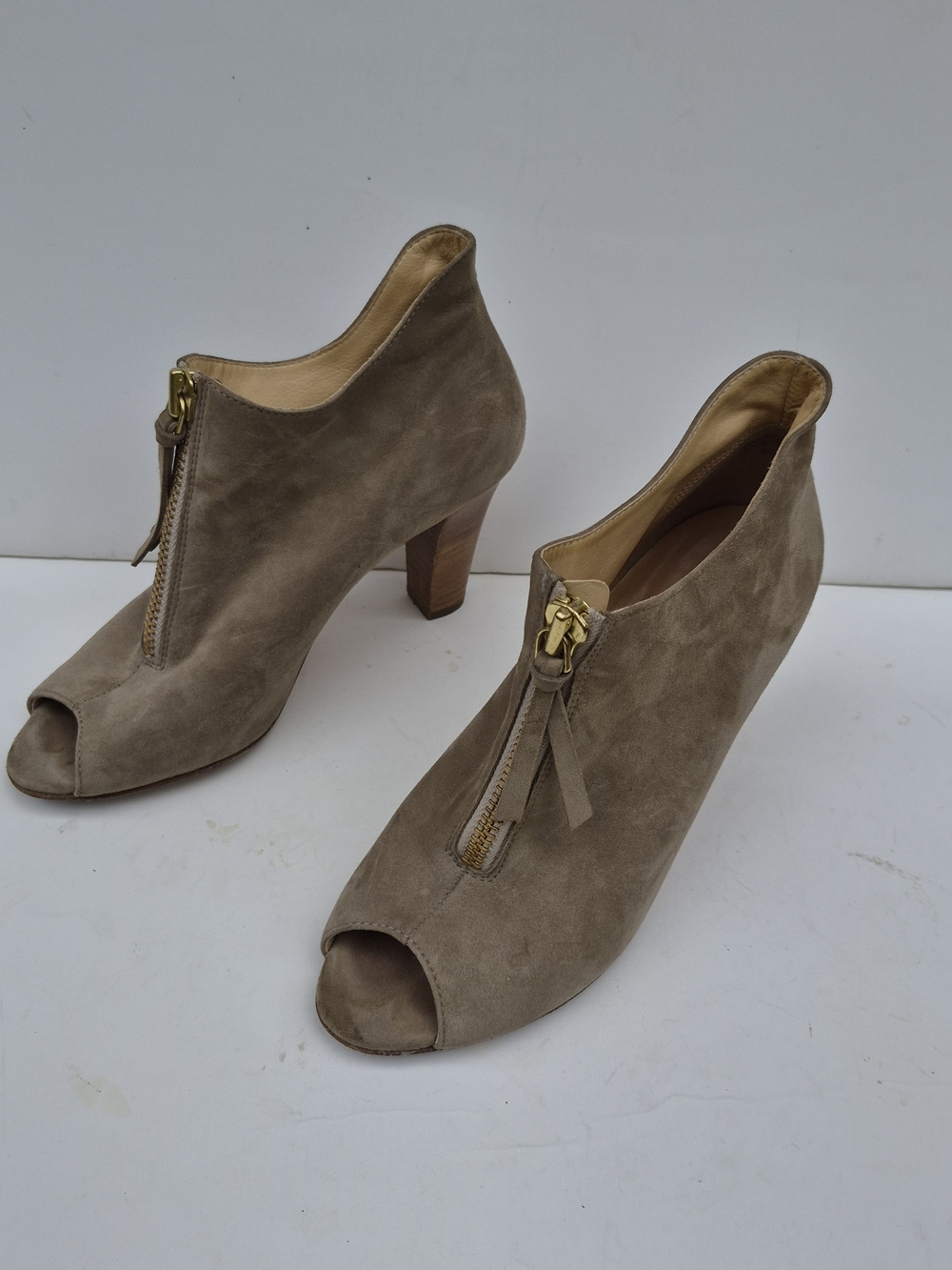 Paul Green Suede Peep-Toe Booties in Taupe with Gold Zipper
